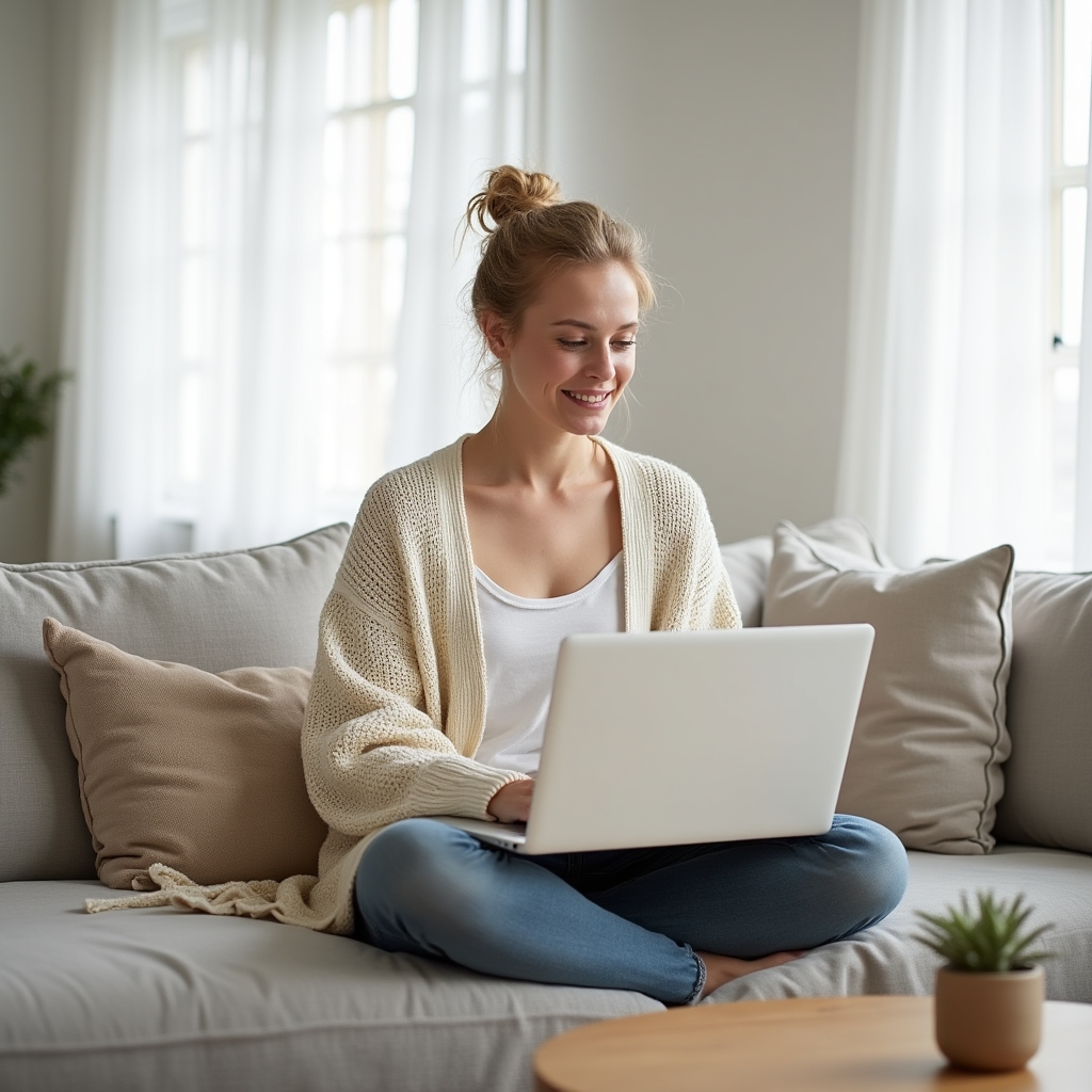 Young adult woman with light brown hair in a Nordic-style living room playing a casual browser game on a white laptop, soft afternoon light through linen curtains