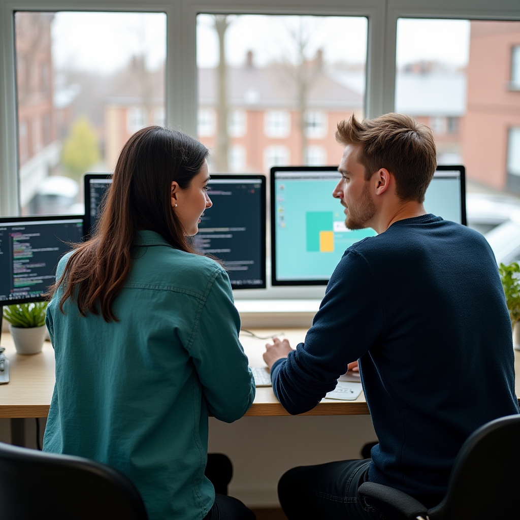 Small team of two young developers, a man and a woman in their late twenties, seated at a shared desk with dual monitors showing game code and design mockups in a bright Turku studio